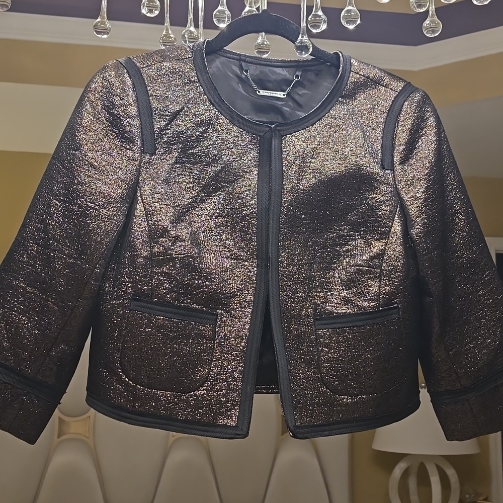 Trina Turk Black and Gold-Brown Metallic Blazer Acetate Acrylic Wool Size 10